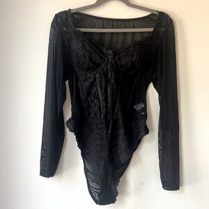 Shein Curve 0XL Black Lace Mesh Bodysuit Corset Style Long Sleeve Y2K Clubwear